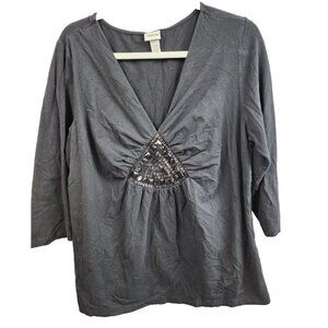 Venezia Womens Top Size 18/20 Black V-Neck Beaded 3/4 Sleeve V Neck Y2K Glam